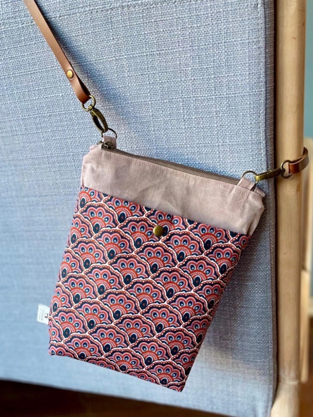French oilcloth crossbody bag: handmade slim design leather straps